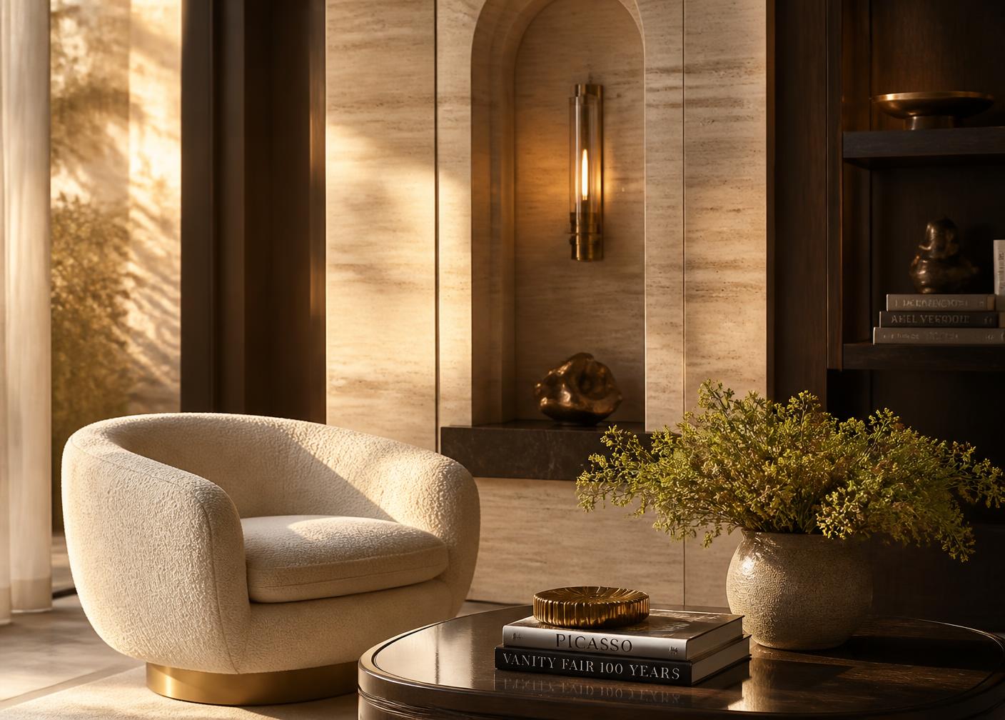 Luxury interior vignette with boucle chair and brass sconce